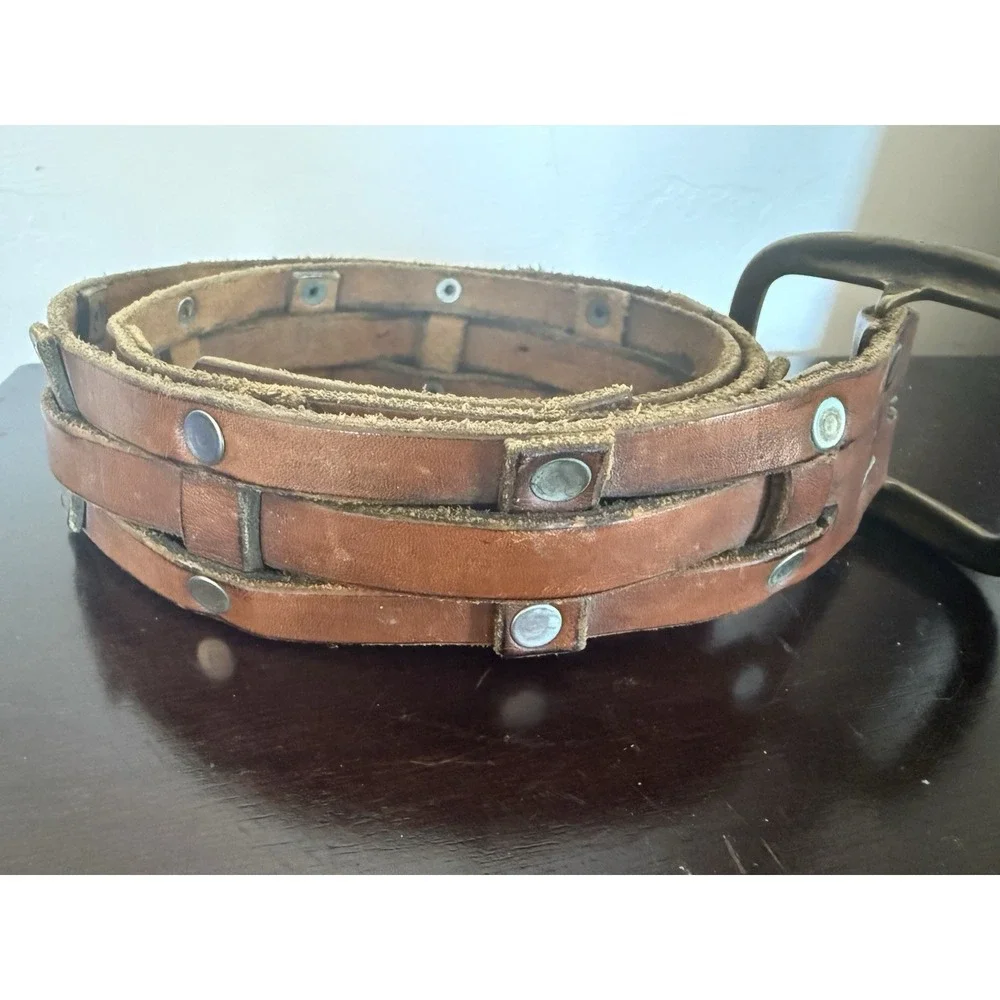 Vintage Unisex Brown Silver Leather Pin Buckle Casual Waist Belt 44-in Long